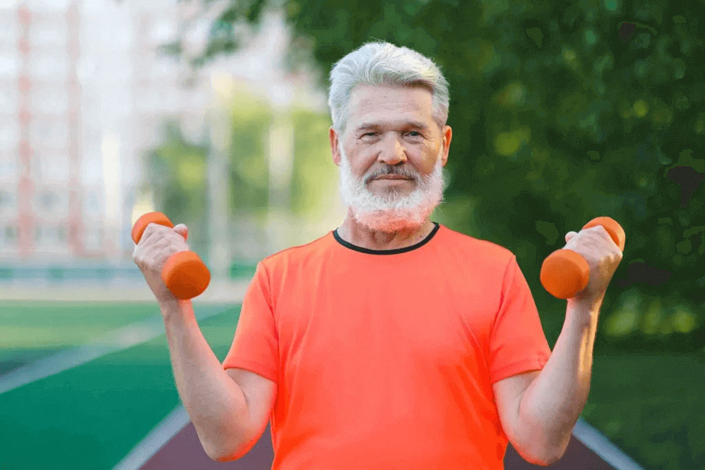 Uomo anziano in tenuta sportiva pratica attività fisica con dei pesi